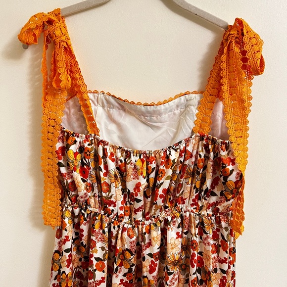 Vibrant Floral Maxi Dress Orange Crochet Straps Tiered Lined Boho Festival Med - Picture 3 of 11